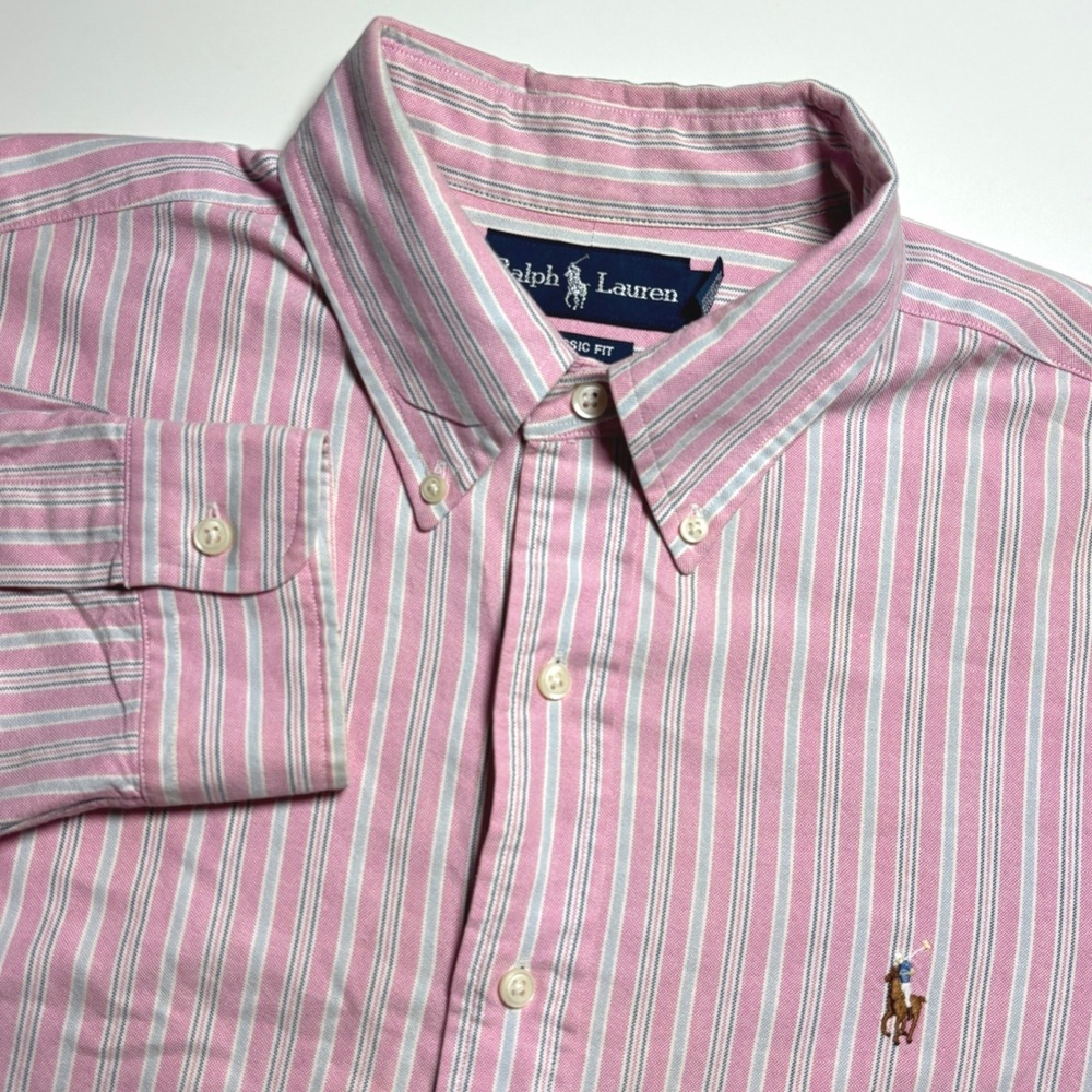 Ralph Lauren Classic Fit Oxford‎ Pink Striped Men's L long Sleeve Shirt Preppy
